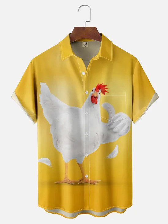 Moisture Wicking Funny Chicken Chest Pocket Hawaiian Shirt