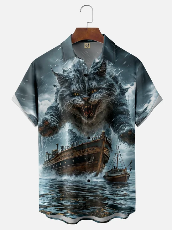 Moisture Wicking Pirate Cat Chest Pocket Hawaiian Shirt