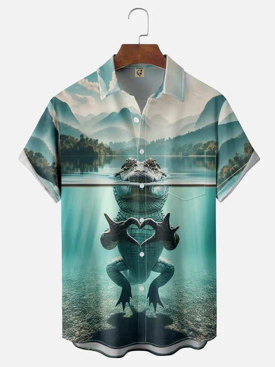 Moisture Wicking Heart Crocodile Chest Pocket Hawaiian Shirt