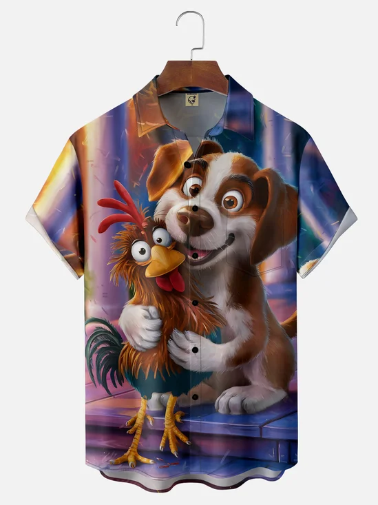 Moisture Wicking Funny Dog Chicken Chest Pocket Hawaiian Shirt