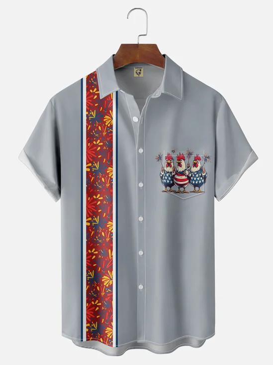 Moisture-wicking American National Day Chicken Chest Pocket Bowling Shirt