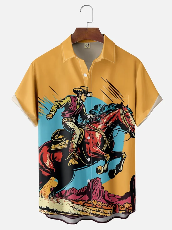 Moisture Wicking Western Denim Chest Pocket Hawaiian Shirt
