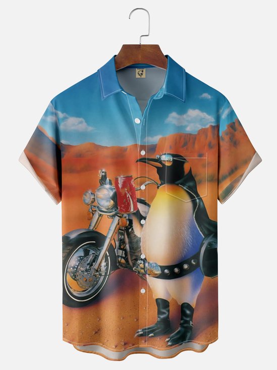 Moisture Wicking Motorcycle Penguin Chest Pocket Hawaiian Shirt