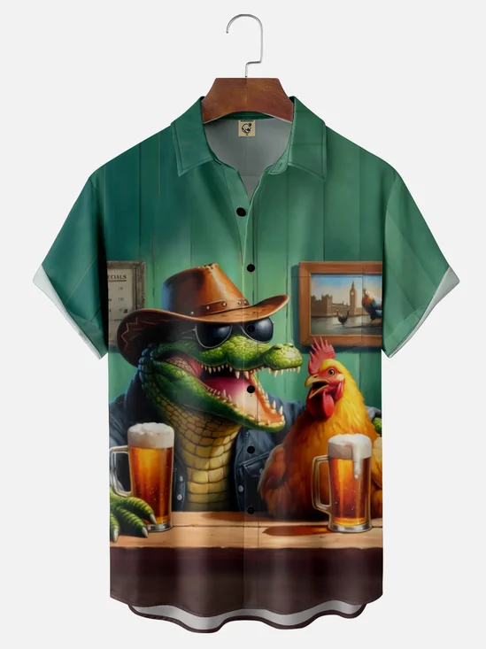 Moisture Wicking Fun Bar Croc Chicken Chest Pocket Hawaiian Shirt
