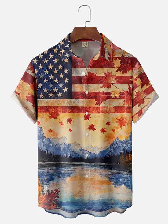 Tall Size Moisture-wicking American Flag Sunset Lake Chest Pocket Casual Shirt