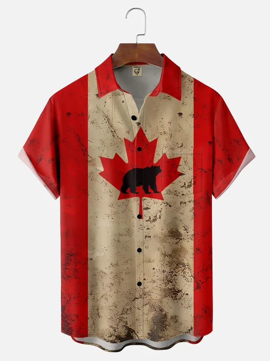 Moisture-wicking Canada Day Maple Leaf Bear Chest Pocket Hawaiian Shirt