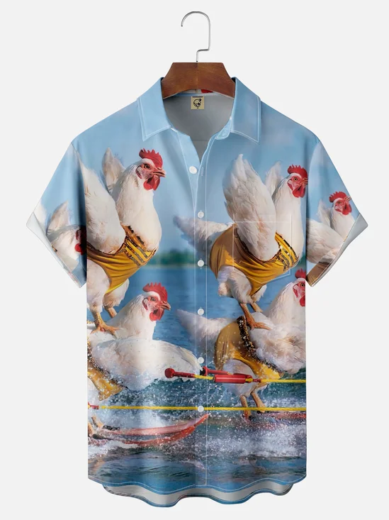 Moisture Wicking Fun Surf Chicken Chest Pocket Hawaiian Shirt