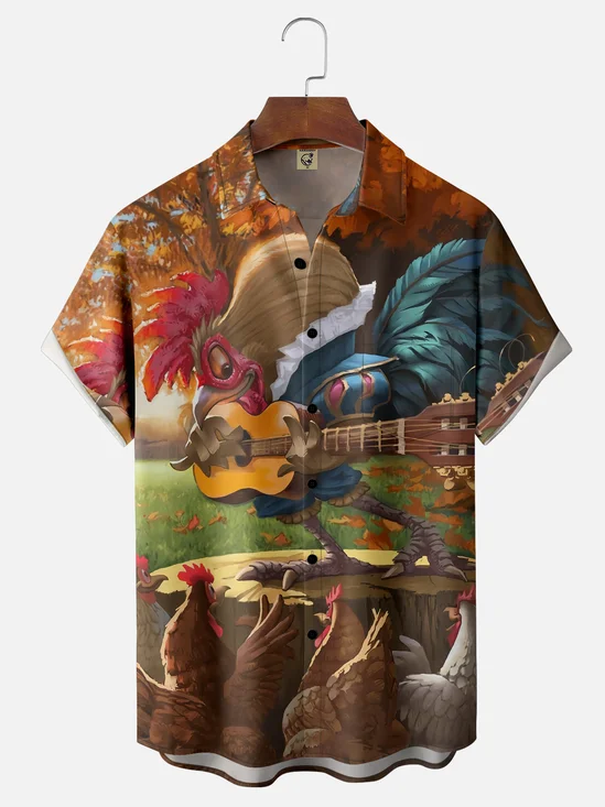 Moisture Wicking Fun Guitar Chicken Chest Pocket Hawaiian Shirt