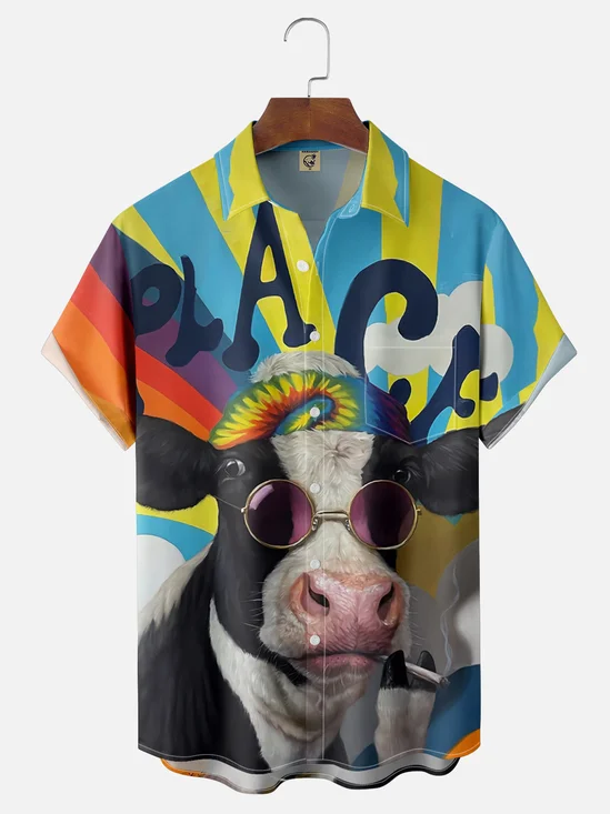 Moisture Wicking Cow Chest Pocket Hawaiian Shirt