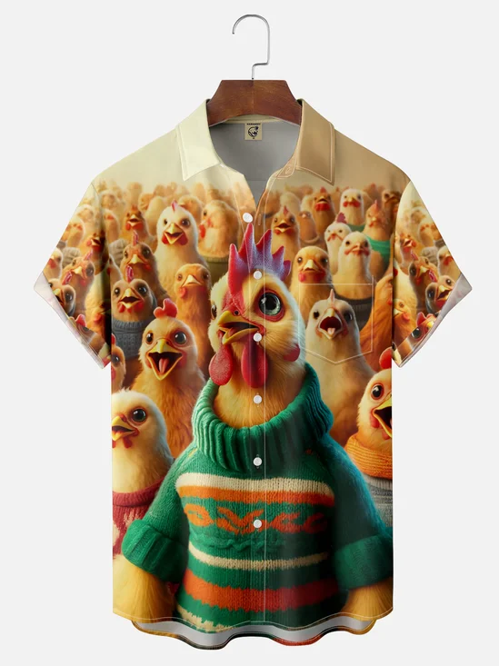 Moisture Wicking Funny Chicken Chest Pocket Hawaiian Shirt