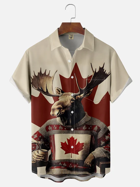Moisture-wicking Canada Day Reindeer Maple Leaf Chest Pocket Casual Shirt