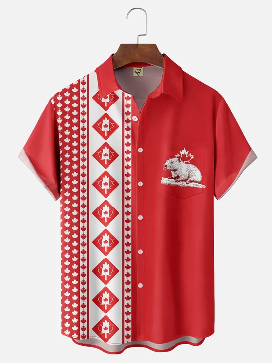 Moisture-wicking Canada Day Beaver Chest Pocket Bowling Shirt