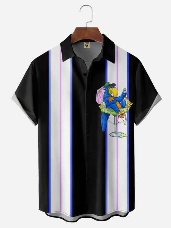 Moisture-wicking Art Illustrator Collaboration Parrot Chest Pocket Bowling Shirt