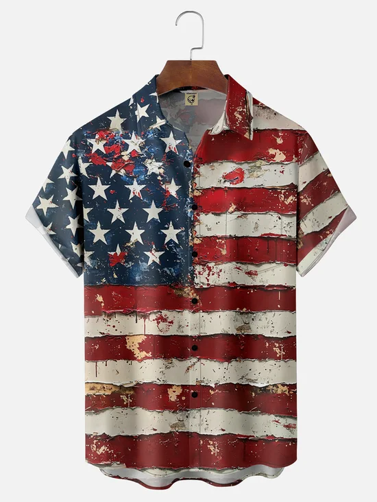 Tall Size Moisture-wicking American Flag Chest Pocket Casual Shirt