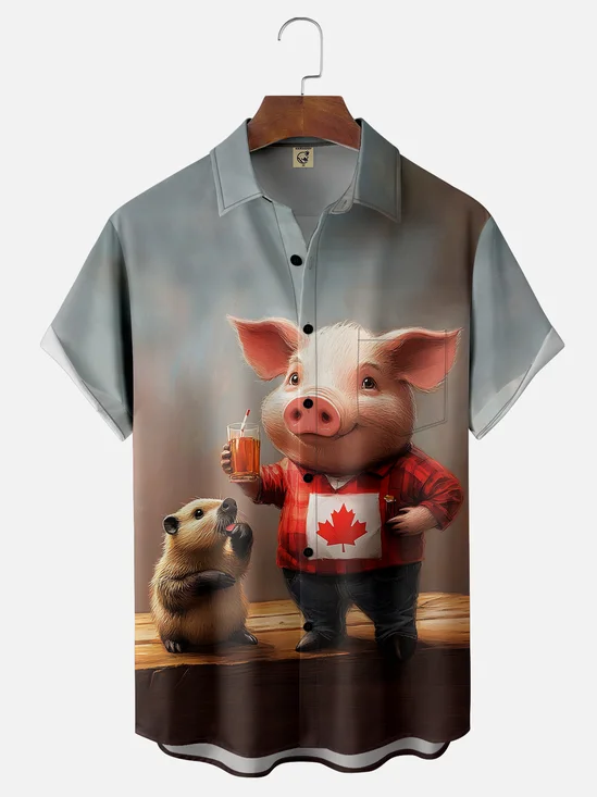Moisture-wicking Canada Day Beaver Pig Chest Pocket Casual Shirt