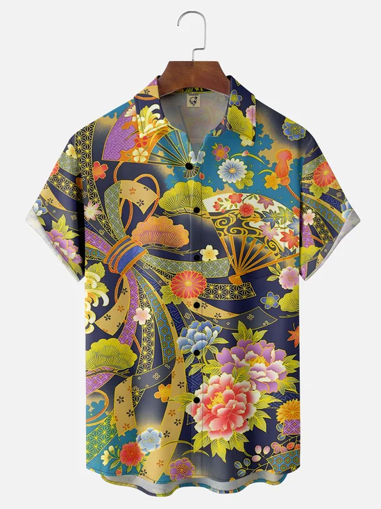 Moisture-wicking Flowers Japanese Culture Chest Pocket Casual Shirt
