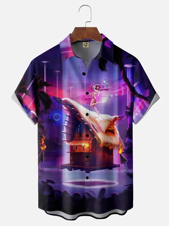 Moisture-wicking Hula Girl UFO Coconut Tree Chest Pocket Hawaiian Shirt