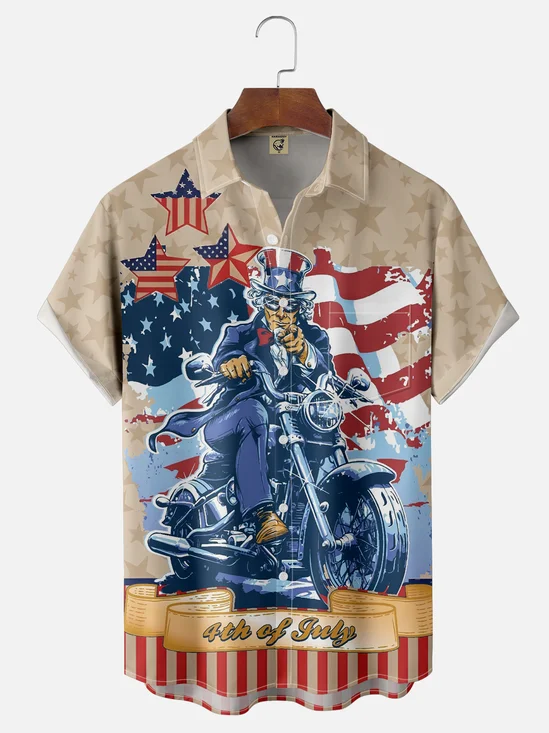 Moisture-wicking Independence Day American Flag Motorcycle Chest Pocket Casual Shirt