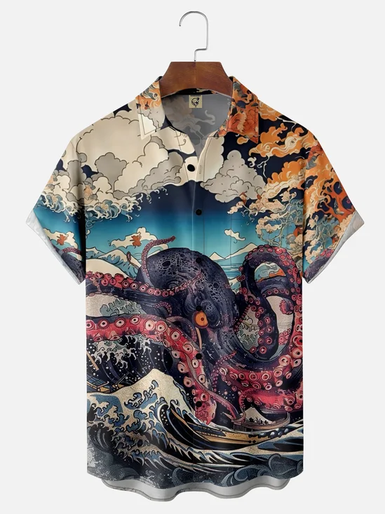 Moisture-wicking Octopus Ukiyo-e Chest Pocket Casual Shirt