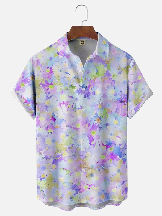 Moisture-wicking Floral Gradient Color Chest Pocket Hawaiian Shirt