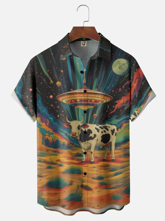 Moisture-wicking Cow Unidentified Flying Object Universe Chest Pocket Casual Shirt