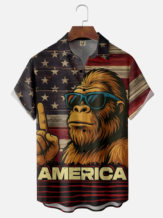 Moisture-wicking Independence Day Bigfoot American Flag Chest Pocket Casual Shirt