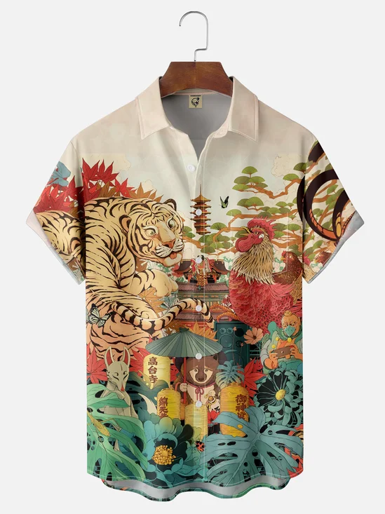 Moisture-wicking Tiger Rooster Japanese Culture Chest Pocket Casual Shirt