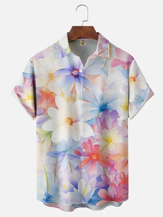 Moisture-wicking Floral Gradient Color Chest Pocket Hawaiian Shirt