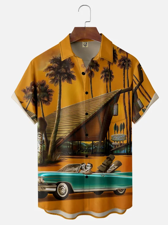 Moisture-wicking Car Tiki Coconut Tree Chest Pocket Hawaiian Shirt