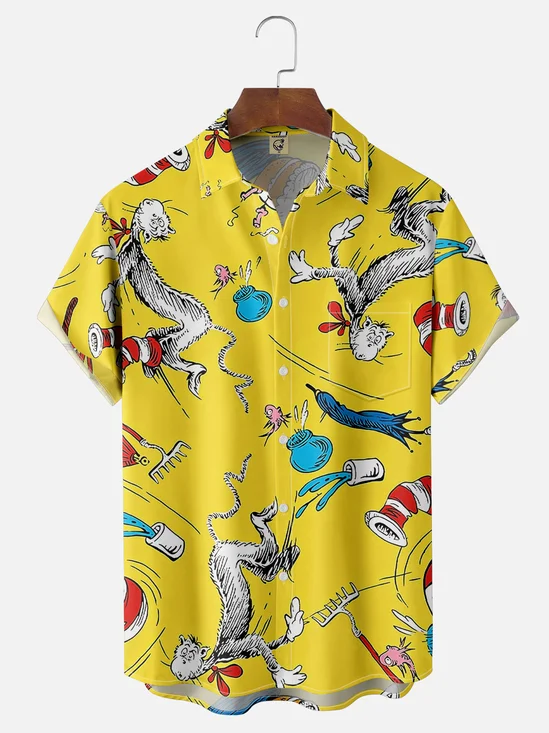 Tall Size Moisture-wicking Vintage Classic Seuss Art Dr. Chest Pocket Casual Shirt