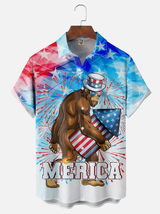 Moisture-wicking Independence Day Bigfoot Merica Chest Pocket Casual Shirt