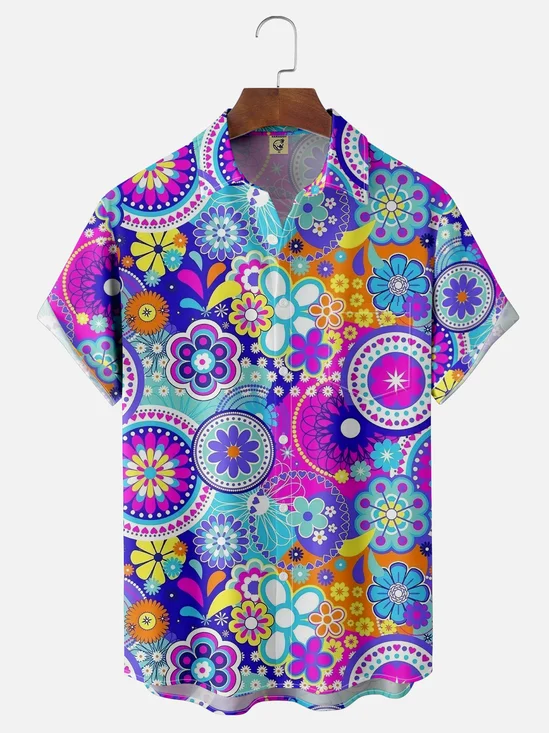 Moisture-wicking Flower Geometric Multicolor Chest Pocket Hawaiian Shirt