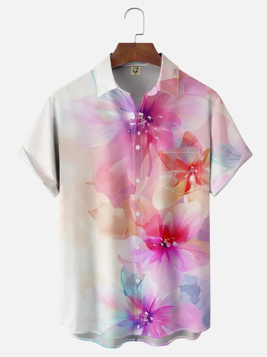 Moisture-wicking Floral Gradient Color Chest Pocket Hawaiian Shirt