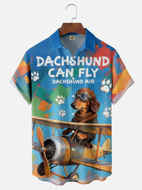 Moisture-wicking Dachshund Flying Plane Chest Pocket Hawaiian Shirt