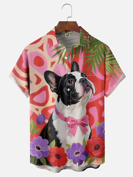 Moisture-wicking Bulldog Floral Chest Pocket Hawaiian Shirt