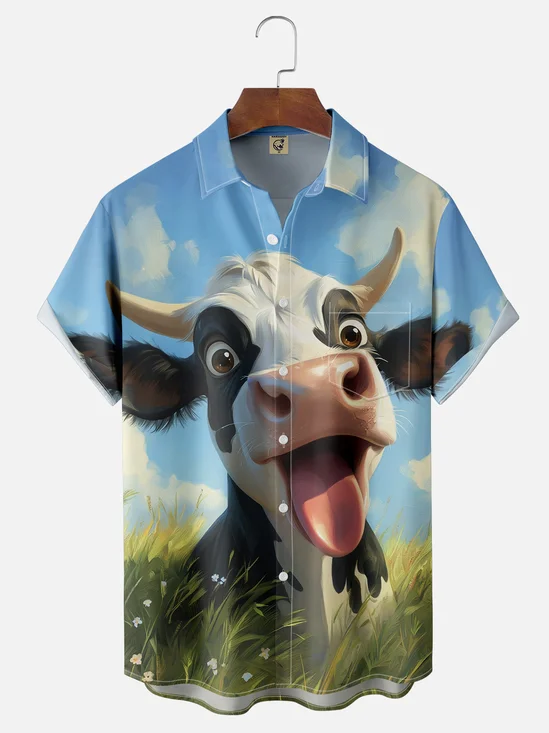 Moisture-wicking Cow Chest Pocket Casual Shirt