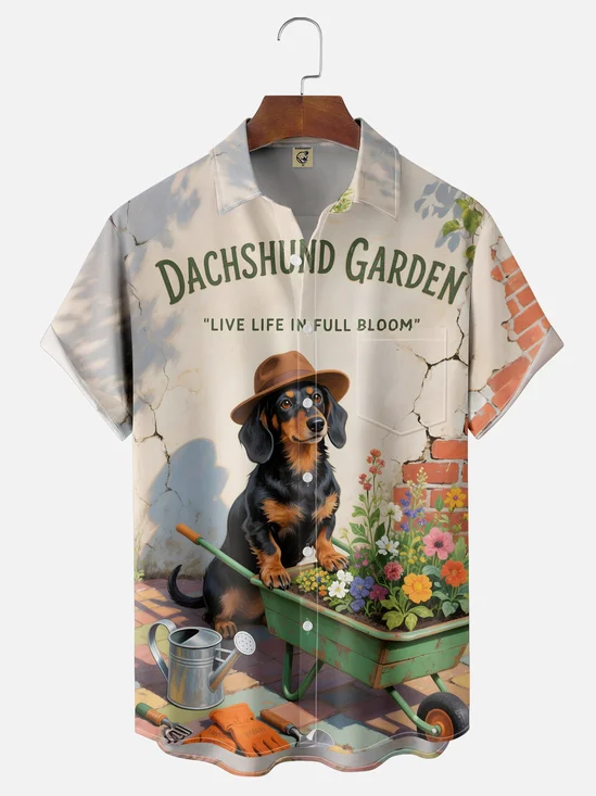 Moisture-wicking Dachshund Garden Chest Pocket Hawaiian Shirt