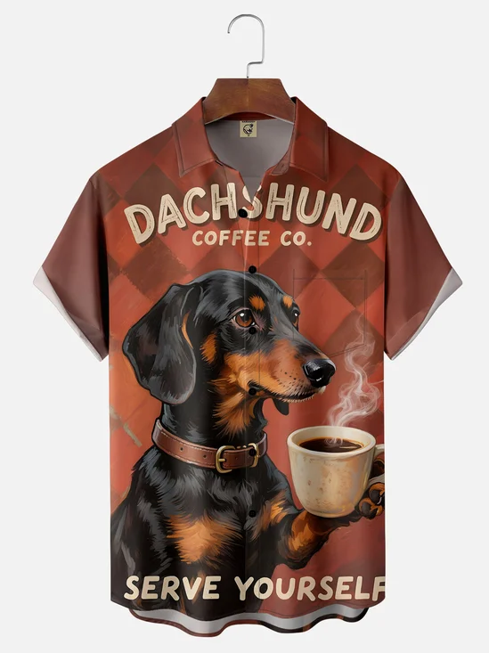 Moisture-wicking Dachshund Coffee Chest Pocket Casual Shirt