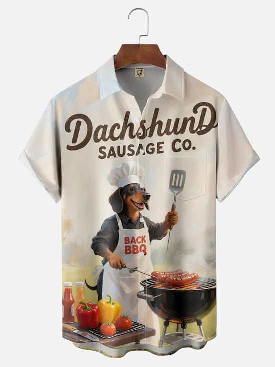 Moisture-wicking Dachshund BBQ Chest Pocket Casual Shirt