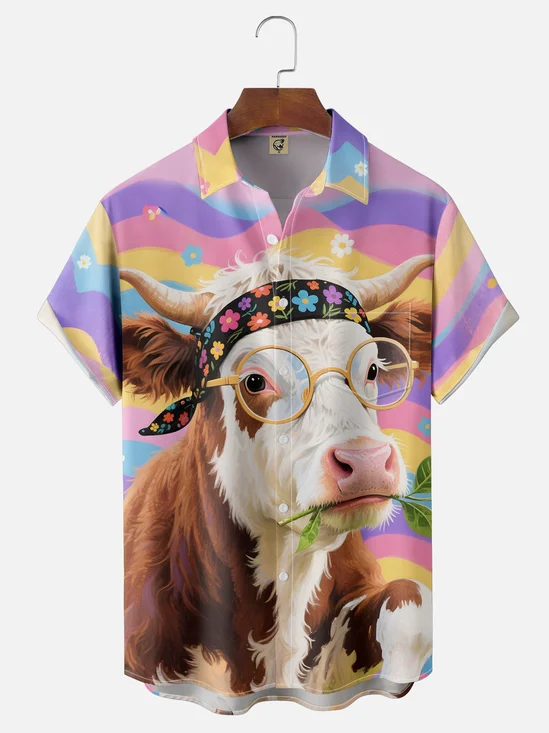 Moisture-wicking Cow Chest Pocket Hawaiian Shirt