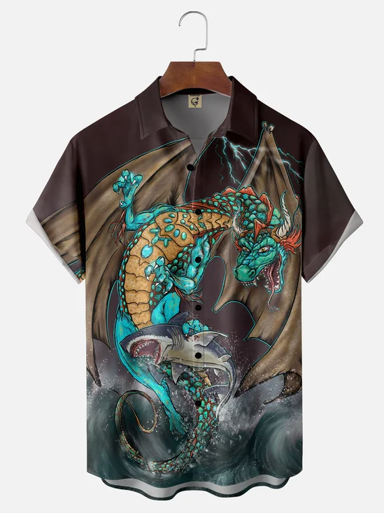 Hardaddy X Artist John Nelson Moisture-wicking Dragon vs Shark Chest Pocket Hawaiian Shirt