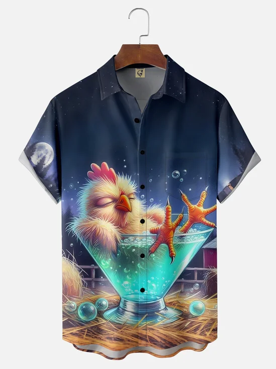 Moisture-wicking Cocktail Chicken Chest Pocket Hawaiian Shirt