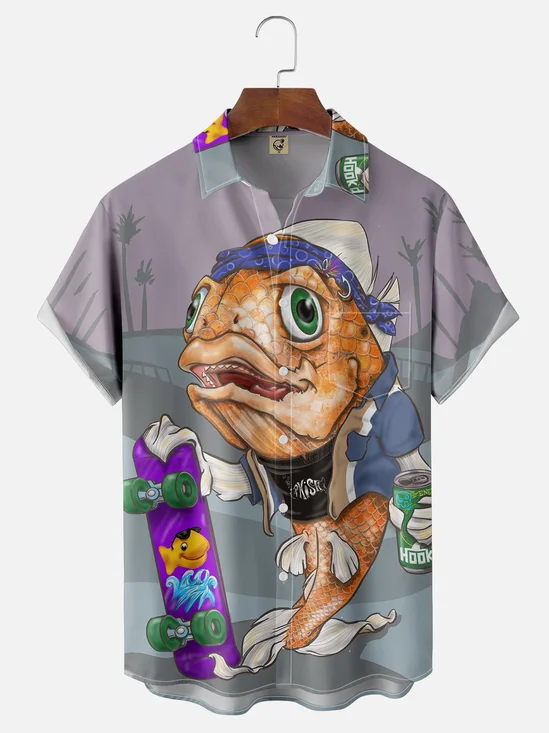 Hardaddy X Artist John Nelson Moisture-wicking Skateboard Fish Chest Pocket Hawaiian Shirt