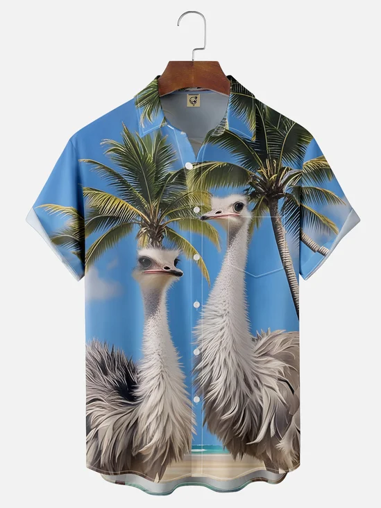 Moisture-wicking Palm Tree Ostrich Chest Pocket Hawaiian Shirt
