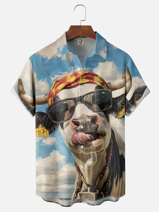 Moisture-wicking Cow Chest Pocket Casual Shirt