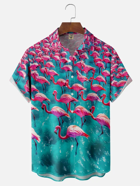 Moisture Wicking Flamingo Chest Pocket Hawaiian Shirt