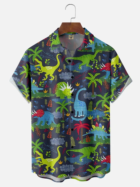 Moisture Wicking Plants Dinosaur Chest Pocket Hawaiian Shirt