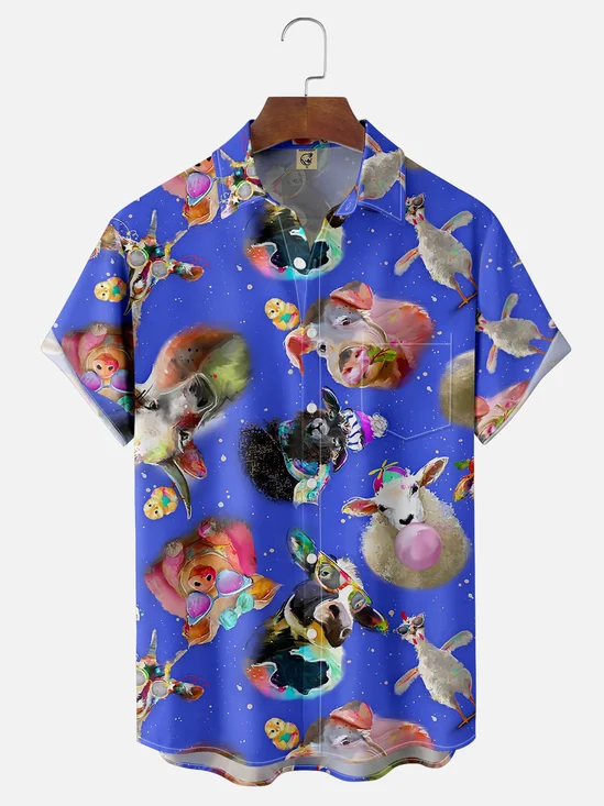 Moisture Wicking Pig Cow Chicken Sheep Chest Pocket Hawaiian Shirt