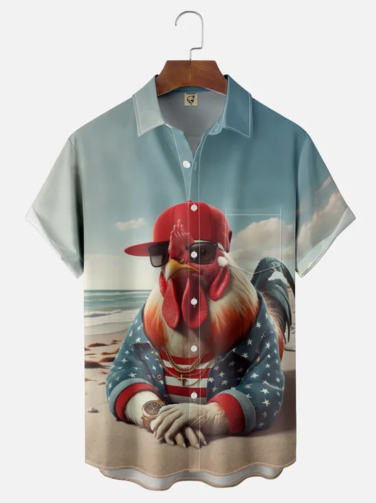 Moisture Wicking Funny Chicken Chest Pocket Hawaiian Shirt