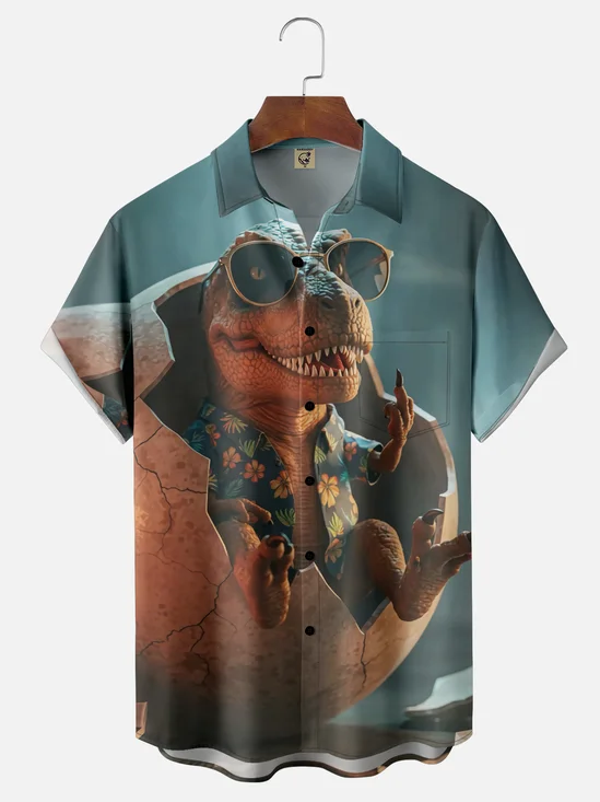Moisture Wicking Dinosaur Chest Pocket Hawaiian Shirt